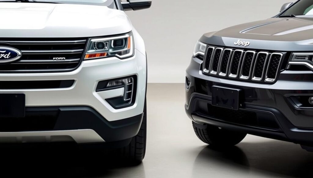 A close-up, head-on view of the front ends of two prominent SUVs - a Ford Explorer and a Jeep Grand Cherokee - parked side by side. The vehicles are displayed in a well-lit, neutral setting, their sleek, angular designs clearly visible. Emphasis is placed on the grilles, headlights, and front bumpers, allowing for a detailed comparison of the fuel efficiency-focused engineering and aerodynamic features of each model. The lighting is crisp and evenly distributed, with soft shadows accentuating the contours of the vehicles. The background is slightly blurred, keeping the focus on the SUVs and their key specifications.
