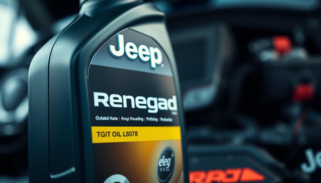 A close-up shot of a Jeep Renegade engine oil bottle, showcasing its distinctive design and branding. The bottle is positioned prominently in the foreground, with a crisp, detailed rendering that highlights the intricate text, logos, and color scheme. The background is blurred, drawing the viewer's focus to the oil bottle's tactile, high-quality appearance. The lighting is soft and even, creating a sense of depth and dimension. The angle is slightly elevated, giving the impression of a professional, product-focused photograph that captures the essence of Jeep Renegade engine oil.