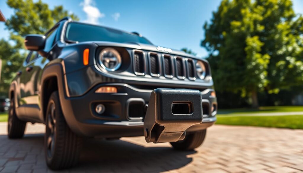 A close-up shot of a Jeep Renegade with a prominent tow hitch in the foreground, showcasing its impressive towing capacity. The Renegade is parked on a paved driveway, with a clear blue sky and lush green trees in the background, creating a serene and well-lit setting. The vehicle's rugged exterior and off-road-ready design elements are meticulously detailed, conveying its capability and utility. The image should emphasize the Renegade's towing prowess, highlighting its towing capacity and equipment in a visually striking and informative manner.