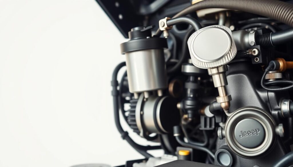A close-up view of a Jeep XJ 4.0-liter engine, showcased against a clean, uncluttered backdrop. The engine is fully visible, with its oil filter and dipstick prominently displayed, allowing for clear observation of the oil capacity specifications. Soft, directional lighting illuminates the engine's intricate details, creating a sense of depth and emphasizing the technical nature of the subject. The composition is balanced, with the engine occupying the central focus, surrounded by a minimal and neutral environment to avoid distractions. The overall mood is one of precision, clarity, and technical expertise, befitting the informative nature of the article section.