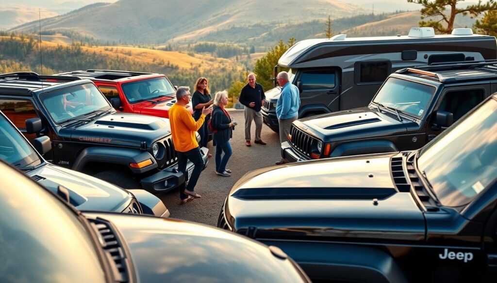 A close-up view of a group of Jeep Cherokee owners gathered around their vehicles, sharing experiences and advice about towing. The foreground features a diverse set of Jeeps in various trims and models, showcasing their rugged and capable designs. In the middle ground, the owners are engaged in lively discussions, gesturing animatedly and pointing towards their rigs. The background is a scenic outdoor setting, with rolling hills or a wooded area, conveying a sense of adventure and the off-road capabilities of the Jeep Cherokee. The lighting is natural and warm, creating a relaxed and authentic atmosphere. The overall mood is one of camaraderie, knowledge-sharing, and a celebration of the Jeep Cherokee's versatility as a towing vehicle.