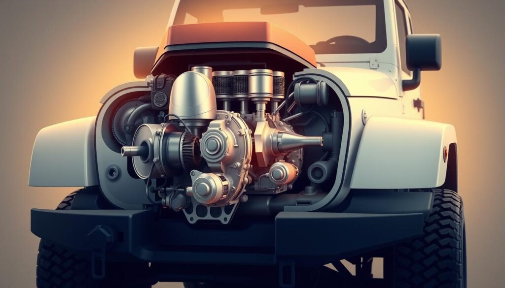 A cross-sectional view of a Jeep Wrangler's engine, showcasing its intricate components in a clean, technical illustration. The engine block, pistons, and crankshaft are prominently displayed, surrounded by a soft, warm lighting that highlights the engine's mechanical details. The background features a subtle gradient, creating a sense of depth and focus on the central subject. The overall composition conveys the rugged reliability and longevity associated with the Jeep Wrangler's renowned powertrain, hinting at the engine's capability to provide consistent performance over the long haul.