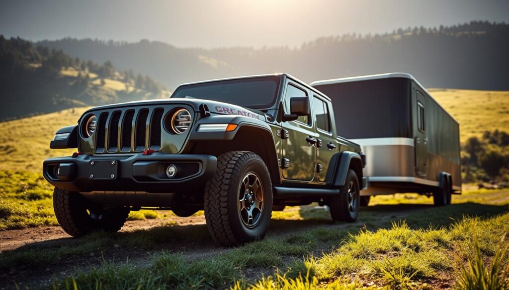 A detailed, high-resolution photograph of a Jeep Gladiator pickup truck showcasing its impressive towing capabilities. The Gladiator is prominently featured in the center of the frame, casting a powerful silhouette against a lush, verdant landscape. The truck's rugged design and aggressive stance are highlighted, with a heavy-duty tow hitch and trailer visible in the background, emphasizing its remarkable towing capacity. The scene is illuminated by soft, directional lighting that casts dramatic shadows, accentuating the Gladiator's muscular contours. The image is captured from a low, three-quarter angle, creating a dynamic and immersive perspective that draws the viewer's attention to the vehicle's formidable towing potential.