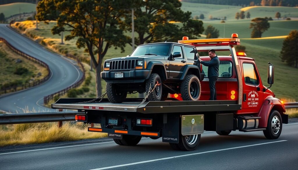 A flat-bed tow truck on a winding country road, its amber warning lights flashing. In the foreground, a Jeep Cherokee being gently loaded onto the truck's sturdy platform, secured with heavy-duty straps and chains. Mid-ground, the tow truck operator diligently checks the connections, ensuring a safe, stable transfer. The background features a lush, verdant landscape with rolling hills and tall trees, bathed in the warm glow of golden hour lighting. The scene conveys a sense of professionalism, care, and attention to detail in the delicate art of towing a vehicle, perfectly encapsulating the "Best Practices for Safe Towing" concept.