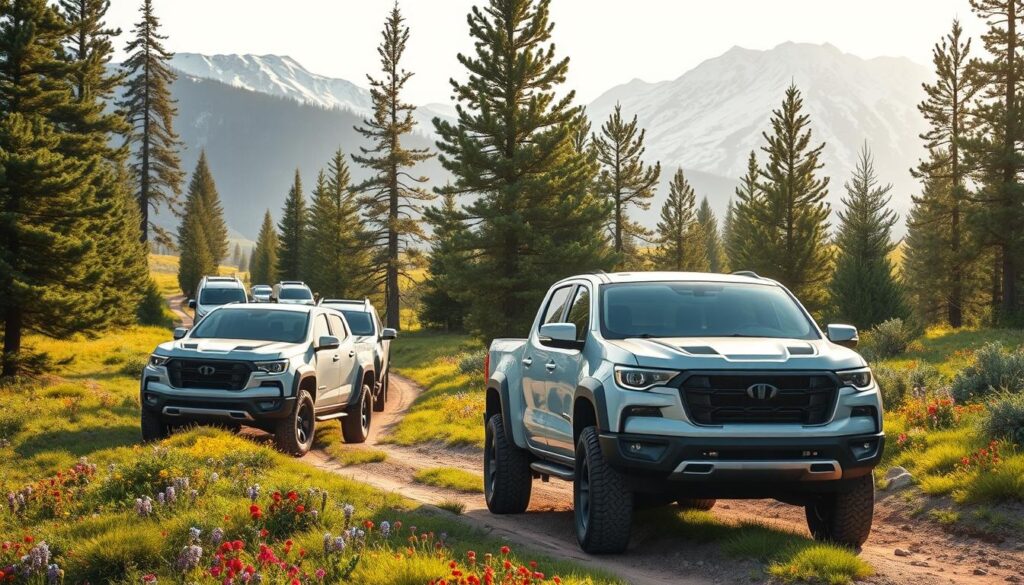 A fleet of rugged, eco-friendly trucks navigating a lush, verdant landscape. In the foreground, sleek electric pickup trucks with aerodynamic designs and clean, minimalist styling. Their grilles feature prominent charging ports, hinting at their sustainable power sources. In the middle ground, the trucks traverse a winding, unpaved trail, surrounded by towering pine trees and a carpet of vibrant wildflowers. Soft, diffused sunlight filters through the canopy, casting a warm, natural glow on the scene. In the background, majestic snow-capped mountains rise up, framing the entire composition with a sense of remote, untamed wilderness. The overall atmosphere conveys a harmonious blend of modern technology and unspoiled nature, reflecting the concept of eco-friendly, off-road capable vehicles.