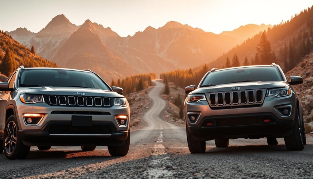A head-to-head comparison of the Jeep Compass and Jeep Cherokee, showcased in a dramatic low-angle view. The Compass and Cherokee are parked side-by-side on a remote, rugged road winding through a majestic mountain landscape, with jagged peaks and lush, evergreen forests in the background. Warm, golden-hour lighting bathes the scene, creating long shadows and a sense of adventure. The vehicles' distinctive front grilles and proud Jeep branding are prominently displayed, inviting the viewer to assess their relative size, styling, and off-road capabilities. The composition emphasizes the vehicles' presence in the grand, untamed environment, hinting at the versatility and value proposition of each SUV.