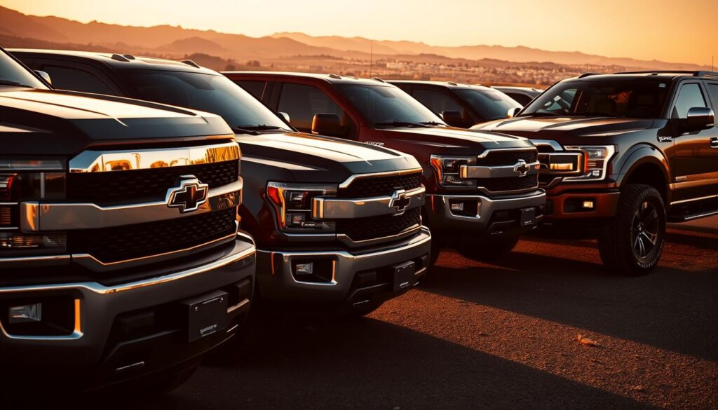 A high-angle shot of several full-size pickup trucks parked in a row, showcasing their prominent front grilles, powerful stances, and large towing hitches. The trucks are illuminated by warm, golden-hour lighting, casting dramatic shadows and highlighting their rugged, capable designs. In the background, a scenic landscape with rolling hills or a city skyline provides context. The image conveys a sense of strength, capability, and the trucks' suitability for heavy-duty towing tasks.
