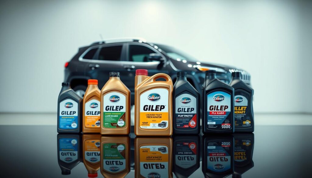 A high-quality, photorealistic image of a lineup of the most trusted oil brands for a 2016 Jeep Cherokee, shot in a well-lit showroom setting with a clean, modern aesthetic. The foreground features the oil bottles prominently displayed on a sleek, reflective black surface, with the Jeep Cherokee in the middle-ground, partially visible. The background showcases a minimalist, light-colored wall, creating a sense of balance and elegance. The lighting is soft and diffused, highlighting the textures and colors of the oil bottles and the vehicle. The overall composition is visually striking, conveying the reliability and quality of the oil brands for the specific make and model of the Jeep Cherokee.