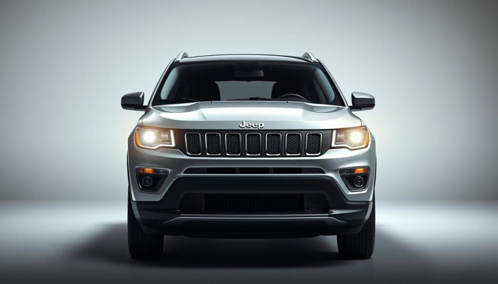 A highly detailed, photorealistic image of a Jeep Compass SUV in a well-lit studio setting, showcasing its safety features. The vehicle is positioned prominently in the foreground, with a clean, minimalist background that allows the subject to be the focal point. The lighting is soft and directional, highlighting the curves and contours of the Jeep's exterior. The camera angle is slightly elevated, providing a clear view of the front grille, headlights, and other safety-related components. The overall mood is one of professionalism and quality, conveying the importance of the Jeep's safety ratings.