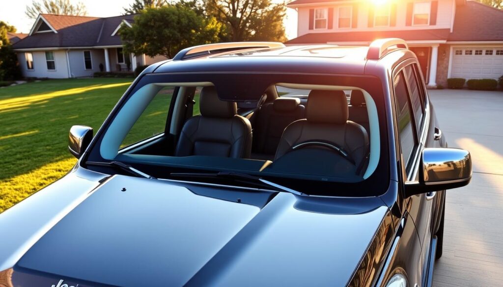 A luxurious Jeep Sahara SUV parked in a suburban driveway, its sleek body gleaming under warm afternoon sunlight. The interior is visible through the tinted windows, showcasing plush leather seats and a spacious, well-appointed cabin. The front grille and chrome accents exude a sense of premium quality and refinement. The vehicle's stance suggests a balance of capability and comfort, ready to tackle daily driving tasks with ease. In the background, a lush, manicured lawn and a welcoming two-story home create a tranquil, residential setting, emphasizing the Sahara's suitability for both on-road and off-road adventures.
