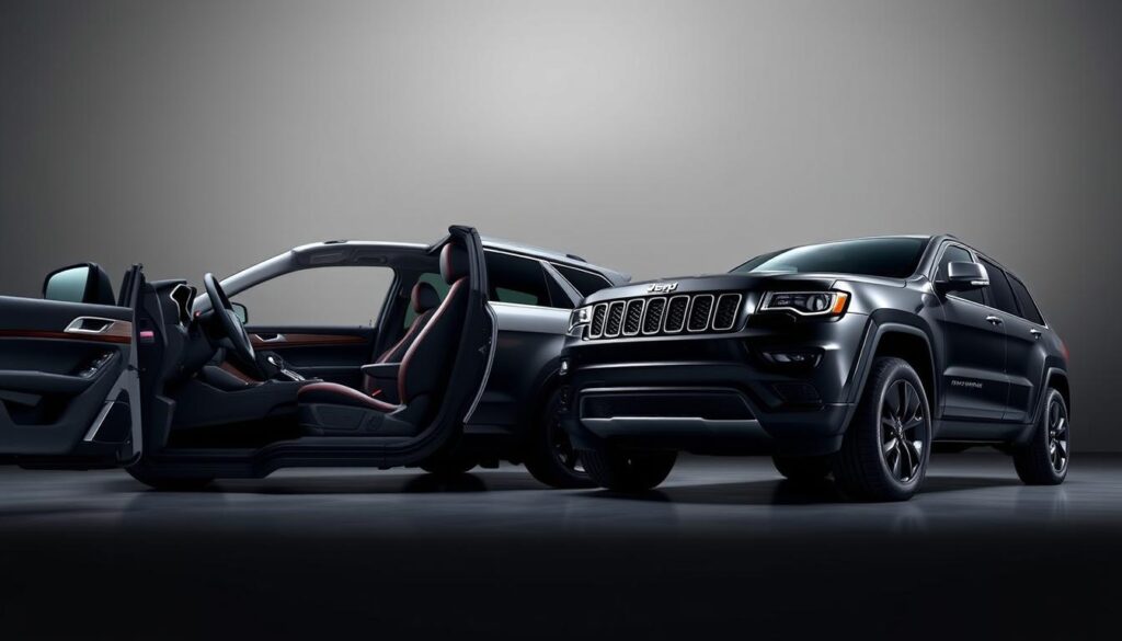 A luxurious interior comparison of a Ford Explorer and a Jeep Grand Cherokee, showcased in a dramatic, well-lit studio setting. The two SUVs are positioned side by side, their elegant cabins visible through the large windows. Soft, directional lighting from above accentuates the premium materials, plush leather seats, and advanced digital displays. The background is a blurred, neutral gray, allowing the vehicles to take center stage. The image conveys a sense of sophisticated style and attention to detail, highlighting the comfort and technology features that distinguish these two premium SUV models.