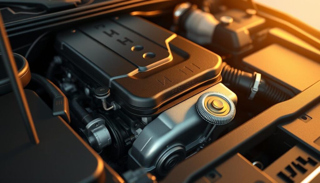 A meticulously detailed 3D rendering of a 2014 Jeep Grand Cherokee engine bay, shot from an angle that highlights the oil filter and drain plug. The scene is well-lit, with warm tones and soft shadows, creating a clean and technical atmosphere. The engine components are precisely modeled, showcasing the intricate design and engineering. The oil filter and drain plug are prominently featured, drawing the viewer's attention to the critical maintenance points. The background is slightly blurred, maintaining focus on the engine details. The overall composition conveys a sense of professionalism and attention to detail, suitable for illustrating the oil change interval information for a 2014 Jeep Grand Cherokee.