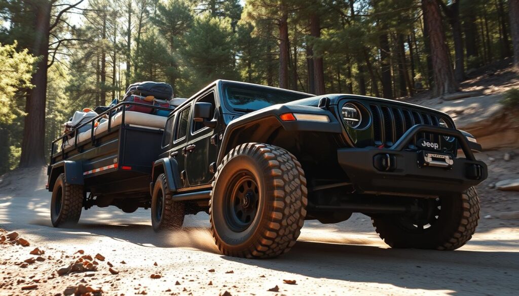 A rugged Jeep Gladiator navigating a challenging off-road terrain, its powerful frame and massive tires effortlessly hauling a heavy-duty trailer loaded with outdoor gear. Sunlight filters through the trees, casting dynamic shadows across the scene. The Gladiator's bold, angular design stands in contrast to the organic, rugged environment, showcasing its exceptional towing capabilities. The camera captures the vehicle from a low, dynamic angle, emphasizing its muscular presence and the sense of adventure. The overall mood is one of excitement and exploration, inviting the viewer to imagine embarking on an exhilarating off-road journey.