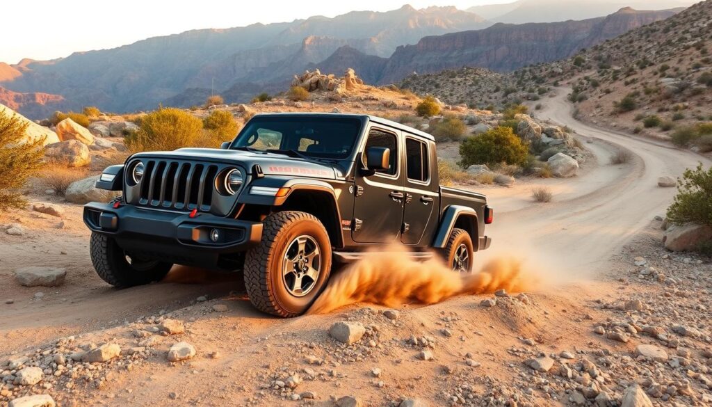 A rugged Jeep Gladiator navigating a rocky, off-road terrain with its wheels kicking up dust. The vehicle is positioned in the foreground, its bold grille and distinctive Jeep design elements clearly visible. The middle ground showcases the varied, uneven landscape, with boulders, bushes, and a winding dirt path. The background features a breathtaking mountainous vista, bathed in warm, golden light from the setting sun. The scene conveys the Gladiator's impressive fuel economy and capability to tackle diverse terrains with ease, reflecting the "Fuel Economy Jeep Gladiator on Various Terrains" section of the article.