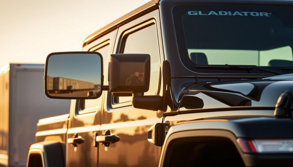 A rugged Jeep Gladiator truck, its powerful presence commanding attention, fitted with robust towing mirrors. The mirrors, large and adjustable, extend outward, providing the driver unobstructed visibility of the trailer and surroundings. Warm, golden sunlight casts a gentle glow, illuminating the Gladiator's sturdy frame and the chrome accents of the mirrors. The scene conveys the importance of using proper towing mirrors - a crucial safety feature that enhances control and awareness when hauling heavy loads. The Gladiator stands ready, its towing capacity and advanced mirroring system poised to handle any towing challenge with confidence and precision.
