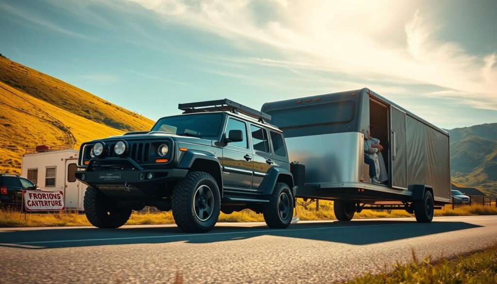 A rugged SUV towing a heavy-duty trailer on a winding country road, surrounded by lush green hills and a clear blue sky. The SUV's powerful engine and robust frame are visible, showcasing its impressive towing capacity. The trailer is loaded with various cargo, emphasizing the vehicle's versatility and hauling capabilities. The scene is captured from a dynamic low-angle perspective, highlighting the SUV's imposing presence and the smooth synchronization of the towing system. Warm, directional lighting casts dramatic shadows, adding depth and dimension to the image. The overall tone conveys a sense of capability, adventure, and the SUV's ability to handle demanding towing tasks with ease.