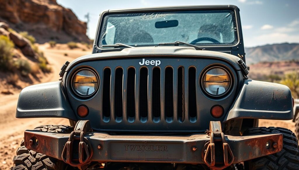 A rugged, well-worn Jeep Wrangler stands proud, its weathered paint and dented fenders a testament to its adventurous past. The sunlight casts a warm glow across the iconic grille, highlighting the vehicle's unwavering character. In the background, a dusty, off-road trail winds through a picturesque landscape, hinting at the Wrangler's natural habitat. The interior is equally well-used, with worn leather seats and a sturdy dashboard that has seen its fair share of miles. This high-mileage Jeep Wrangler is a true survivor, a reliable companion that has conquered countless challenges and emerged stronger for it.