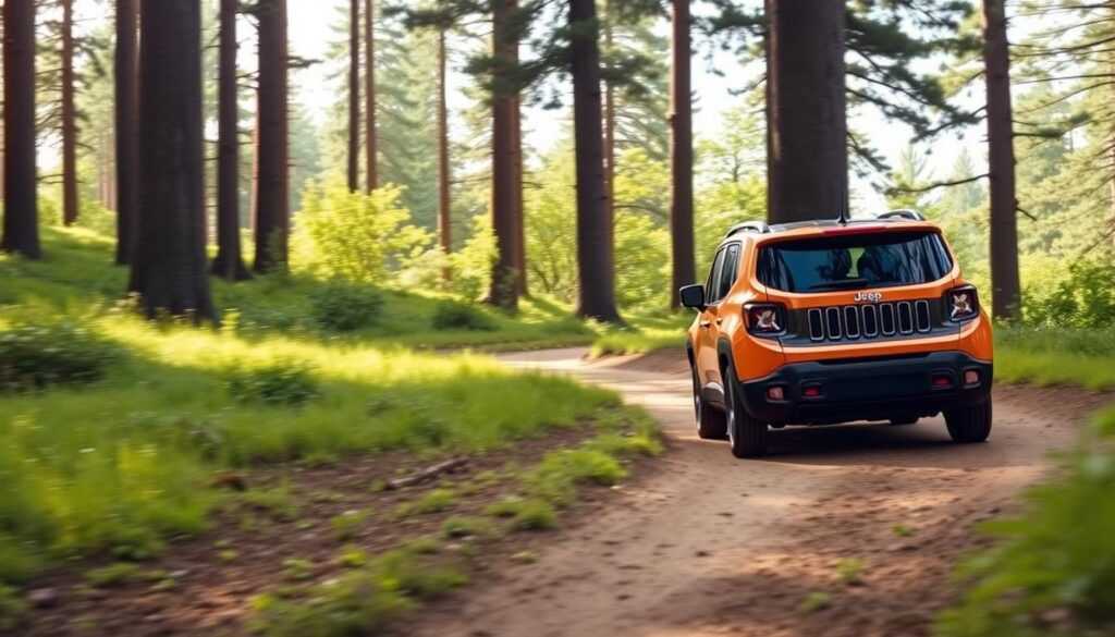 A serene forest landscape with a Jeep Renegade navigating a winding dirt path. The vehicle's eco-friendly features, such as hybrid powertrain and recycled materials, are highlighted through a soft, natural lighting that illuminates its sleek, compact design. In the background, lush greenery and towering trees convey a sense of environmental harmony, contrasting with the Renegade's minimal impact on the surroundings. The scene evokes a balance between the rugged capability of the SUV and its considerate, eco-conscious design, showcasing the Jeep Renegade's commitment to sustainable mobility.
