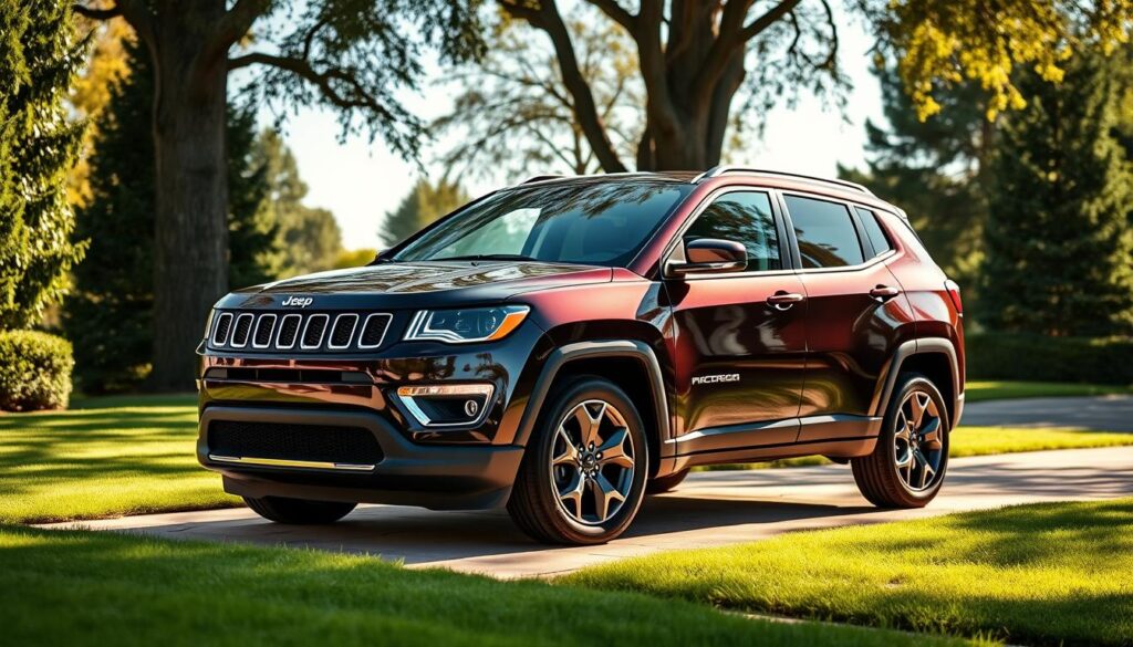 A sleek and luxurious Jeep Compass Latitude Lux SUV, parked in a driveway on a sunny day. The vehicle has a bold, chrome-accented front grille, elegant LED headlights, and stylish 20-inch alloy wheels. The body is painted in a deep, metallic burgundy color that gleams in the warm sunlight. The interior is adorned with premium leather upholstery, polished wood trim, and advanced infotainment and safety features. The SUV is framed by a well-manicured lawn and mature trees, creating a serene and sophisticated atmosphere. The scene exudes a sense of power, refinement, and the perfect balance of ruggedness and luxury.
