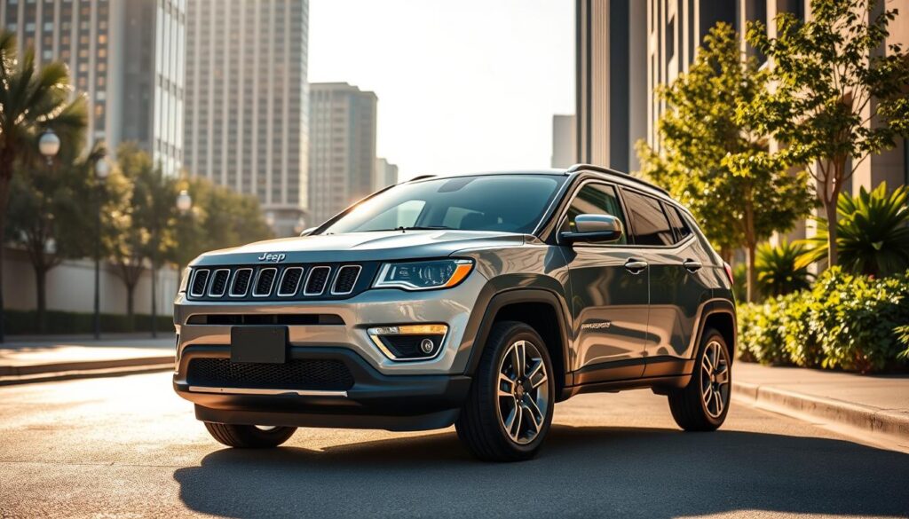 A sleek and modern Jeep Compass Latitude parked on a sun-dappled street, its chrome accents and bold grille catching the light. The vehicle is positioned at a slight angle, emphasizing its muscular stance and rugged design. The background features a blend of urban and natural elements, with towering buildings in the distance and lush greenery lining the sidewalk. Soft, diffused lighting creates a warm, inviting atmosphere, accentuating the Latitude's premium interior and sophisticated styling. The overall scene conveys a sense of refined adventure, perfectly capturing the essence of the Latitude trim's enhanced comfort and style.