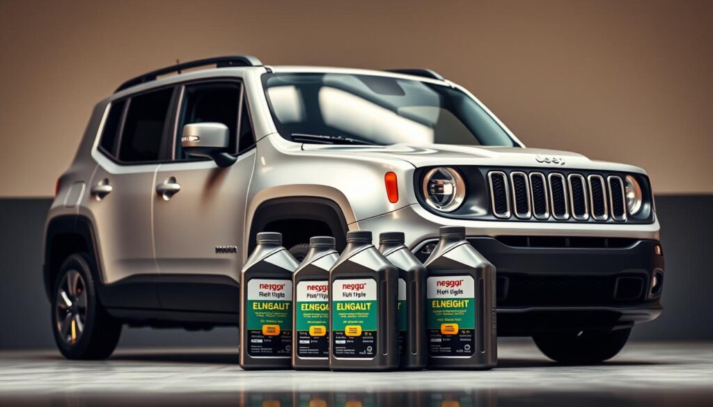 A sleek and modern Jeep Renegade SUV parked in a well-lit, elegant garage setting. The vehicle's gleaming silver body reflects the soft, warm lighting, casting subtle shadows. In the foreground, several bottles of high-quality motor oil are neatly arranged, their labels prominently displayed. The middle ground showcases the Renegade's distinctive grille and headlights, hinting at the vehicle's rugged capabilities. The background features a minimalist, contemporary design with clean lines and muted tones, creating a sophisticated ambiance. The overall composition conveys a sense of quality, performance, and the perfect match between the Jeep Renegade and the premium oil it requires.