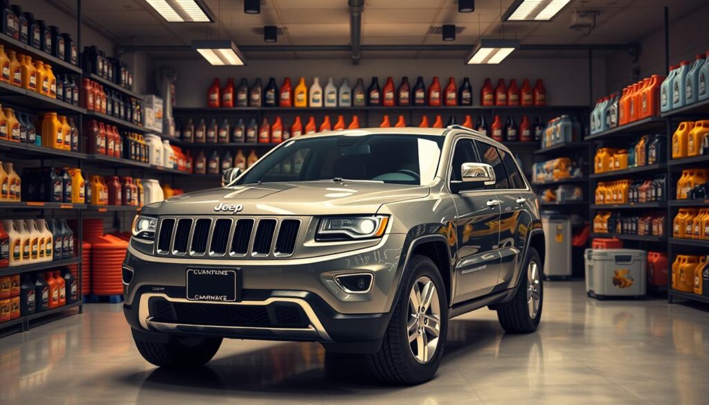 A sleek and well-stocked auto parts store, its shelves brimming with various motor oils. In the foreground, a 2014 Jeep Grand Cherokee stands prominently, its chrome grille and alloy wheels gleaming under warm, diffused lighting. The store's interior is spacious, with clean, minimalist design elements and a sense of professionalism. Knowledgeable staff members are on hand, ready to assist in selecting the optimal oil for the Jeep's specific make and model. The overall atmosphere conveys a feeling of trust, expertise, and the confidence that the customer will leave with the perfect oil to keep their 2014 Jeep Grand Cherokee running at its best.
