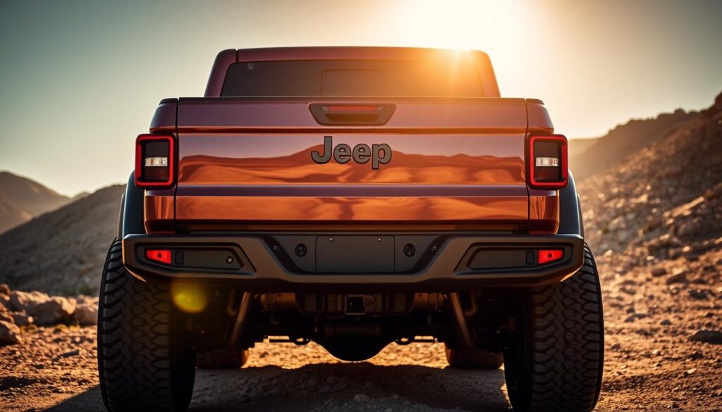 A sleek, chrome-accented 2021 Jeep Gladiator in a dramatic, low-angle perspective, its formidable towing capacity prominently displayed on the tailgate. The vehicle is set against a backdrop of rugged, sun-dappled terrain, conveying its off-road prowess. Crisp, realistic details highlight the Gladiator's imposing grille, muscular fenders, and sturdy hitch receiver. Warm, golden lighting casts dramatic shadows, creating a sense of power and capability. The scene exudes a sense of adventure and the Gladiator's readiness to tackle any towing challenge.