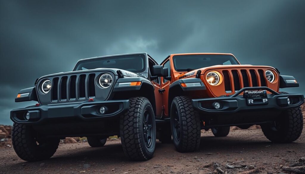 A sleek, high-resolution close-up comparison of the iconic Jeep Sahara and Rubicon models, showcasing their distinct off-road capabilities. The Sahara's bold, rugged exterior stands in contrast to the Rubicon's more aggressive, trail-ready design. Dramatic lighting accentuates the muscular lines and rugged details of both vehicles, captured from a low, dynamic angle that emphasizes their imposing presence. The scene is set against a moody, atmospheric backdrop, hinting at the diverse terrain these capable SUVs can conquer. Precise details like tire treads, grille designs, and signature Jeep elements are rendered with exceptional clarity, allowing a discerning side-by-side comparison.