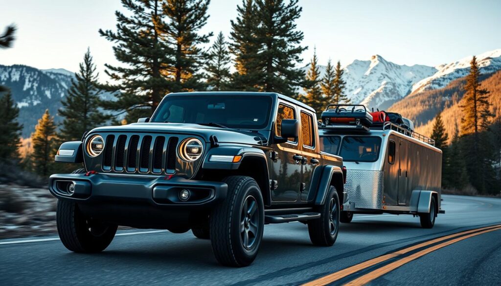 A sleek, modern Jeep Gladiator towing a heavy-duty trailer on a winding, scenic mountain road. The Gladiator's front grille, headlights, and muscular frame take center stage, exuding power and capability. In the background, towering pine trees and snow-capped peaks create a serene, rugged landscape. Crisp, warm lighting illuminates the scene, casting dramatic shadows that highlight the Gladiator's contours. The trailer behind it is loaded with various outdoor gear, underscoring the vehicle's versatility and enhanced towing capacity. The overall composition conveys a sense of adventure, strength, and the ability to tackle challenging terrain and haul heavy loads with ease.