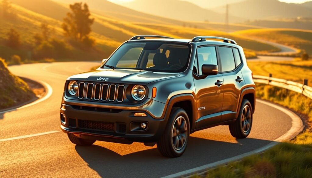 A sleek, modern Jeep Renegade SUV on a winding road, basking in warm, golden sunlight. The vehicle's exterior gleams, showcasing its compact yet rugged design. The Renegade sits prominently in the foreground, with a lush, rolling countryside landscape in the background, conveying a sense of efficiency and adventure. The scene is captured with a wide-angle lens, emphasizing the Renegade's compact yet capable proportions. The overall mood is one of optimism and practicality, highlighting the Jeep Renegade's impressive fuel economy and versatility.