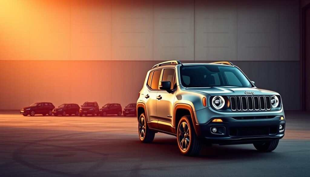 A sleek, modern Jeep Renegade SUV prominently displayed in the foreground, its towing capacity prominently showcased. In the middle ground, smaller silhouettes of various other SUV models, allowing for a direct visual comparison of towing capabilities. The background features a minimalist, industrial setting with hints of metallic textures and muted tones, creating a sense of technical precision. Warm, directional lighting illuminates the Renegade, accentuating its rugged yet refined design. The overall composition emphasizes the Renegade's towing prowess in relation to its competitors, inviting the viewer to easily assess and compare the models' towing capacities.