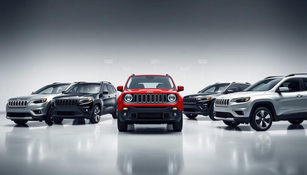 A sleek, well-lit studio scene showcasing the fuel economy comparison of several compact SUVs, with the Jeep Renegade prominently displayed in the center. The Renegade stands out with its distinctive styling, flanked by its main competitors on either side. The background features a clean, minimalist design with subtle grid lines or scales to emphasize the numerical data. Soft, directional lighting highlights the vehicles' curves and details, creating a sense of depth and drama. The overall mood is professional, informative, and visually engaging, perfectly suited to illustrate the article's "Comparing Jeep Renegade Fuel Efficiency With Competitors" section.