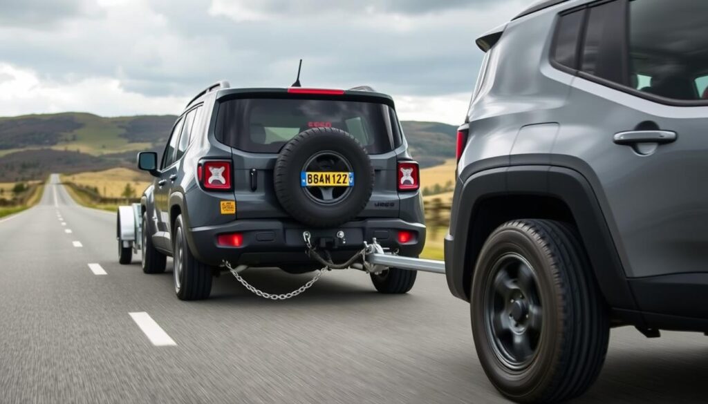A well-equipped Jeep Renegade towing a trailer on a rural highway, with rolling hills and a cloudy sky in the background. The towing setup features a sturdy hitch, secure chains, and properly inflated tires. The Jeep's headlights are on, and the driver is attentive, demonstrating responsible towing practices. The scene conveys the importance of understanding your vehicle's towing capacity and using the right equipment to ensure safe and efficient towing.