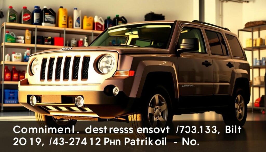 A well-lit and detailed 2014 Jeep Patriot SUV standing in a clean, modern garage setting. The vehicle is positioned slightly angled, showcasing its sleek, boxy silhouette. The lighting casts warm, golden tones, accentuating the Patriot's distinctive front grille, rounded headlights, and sturdy frame. In the background, shelves filled with various automotive fluids and accessories provide context for the "Common Questions about 2014 Jeep Patriot Motor Oil" theme. The scene conveys a sense of professionalism and expertise, suitable for an informative article on maintaining the 2014 Jeep Patriot.