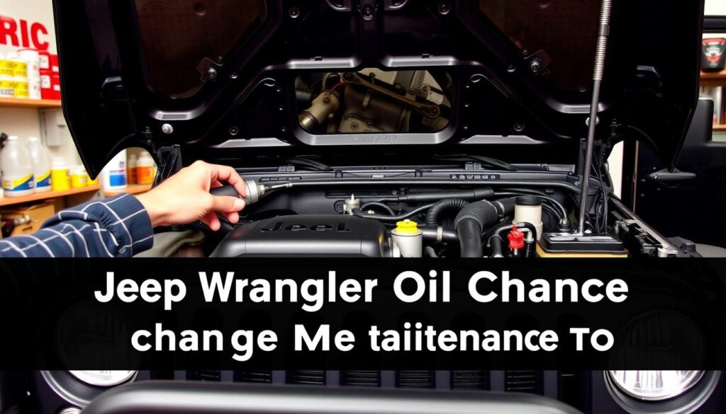 A well-lit and detailed Jeep Wrangler with its hood open, showcasing the engine bay. The mechanic's hands are visible, holding various tools and working on the vehicle. The engine components are clearly visible, and the prompt includes technical details like the oil filter, drain plug, and dipstick. The background features a clean and organized workshop environment, with shelves of automotive supplies and tools. The overall mood is one of a professional and informative maintenance session, providing a clear visual reference for the "Jeep Wrangler Oil Change Maintenance Tips" section of the article.