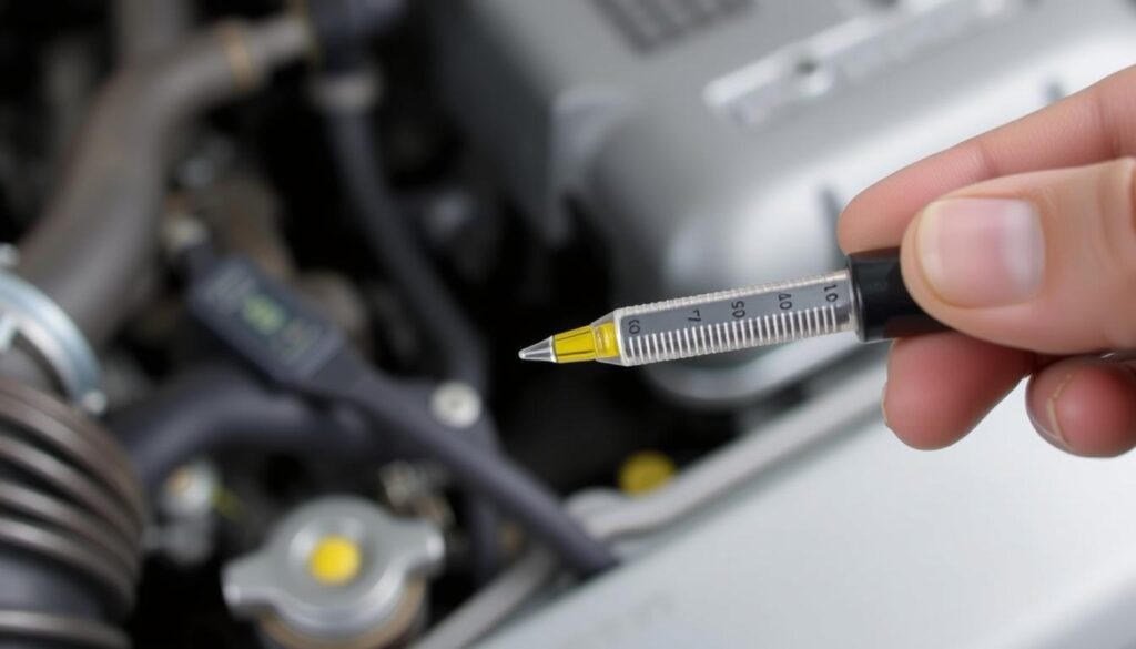 A well-lit, close-up photograph of a Jeep 4.0 engine's oil dipstick being pulled out and held against a clean, light-colored surface. The dipstick's oil level marking is clearly visible, allowing for easy inspection. The engine's surroundings are blurred, keeping the focus on the dipstick and oil level. The lighting is soft and even, creating a crisp, detailed image. The camera angle is slightly elevated, providing a clear, unobstructed view of the dipstick. The overall mood is one of precise, technical documentation, suitable for illustrating the "How to Check the Oil Level" section of the article.