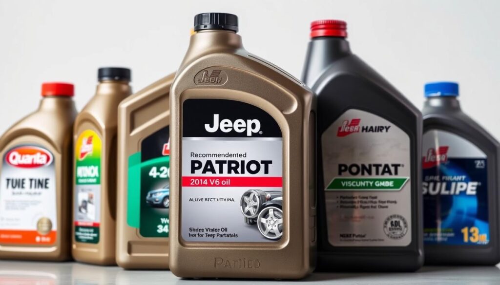A well-lit, close-up shot of an assortment of high-quality motor oils, prominently featuring a bottle of the recommended oil for a 2014 Jeep Patriot. The oils are neatly arranged on a clean, neutral-toned surface, showcasing their distinctive labels and viscosity grades. The lighting is soft and even, highlighting the glossy surfaces and subtle color variations of the products. The composition is balanced, with the Patriot-specific oil taking central focus, surrounded by complementary options to provide context. An overall professional, informative, and visually appealing representation of the "best oil" for this specific vehicle model.