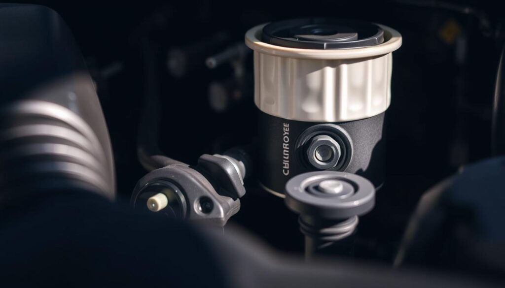A well-lit, close-up view of a 2014 Jeep Patriot's engine bay, the focus centered on the oil filter and drain plug. The lighting casts dramatic shadows, highlighting the mechanical details. The background is softly blurred, emphasizing the subject. The scene conveys a sense of precision and care, reflecting the importance of proper oil maintenance for this vehicle model. The overall tone is technical yet visually appealing, suitable for illustrating the "2014 Jeep Patriot Oil Change Intervals" section of the article.