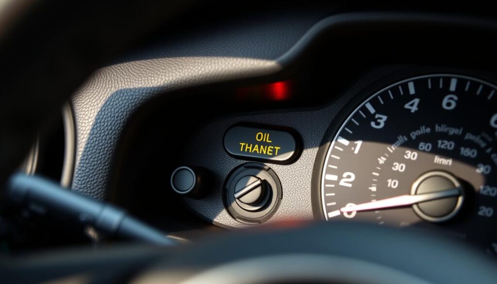 A well-lit, close-up view of the dashboard of a Jeep Wrangler, showcasing the oil change indicator light. The lighting is soft and natural, highlighting the detailed textures of the dashboard controls and the warning light. The camera angle is positioned slightly above the dashboard, creating a perspective that draws the viewer's attention to the oil change reset button. The background is slightly blurred, keeping the focus on the dashboard elements. The overall mood is one of clarity and attention to detail, reflecting the straightforward nature of resetting the oil change indicator.