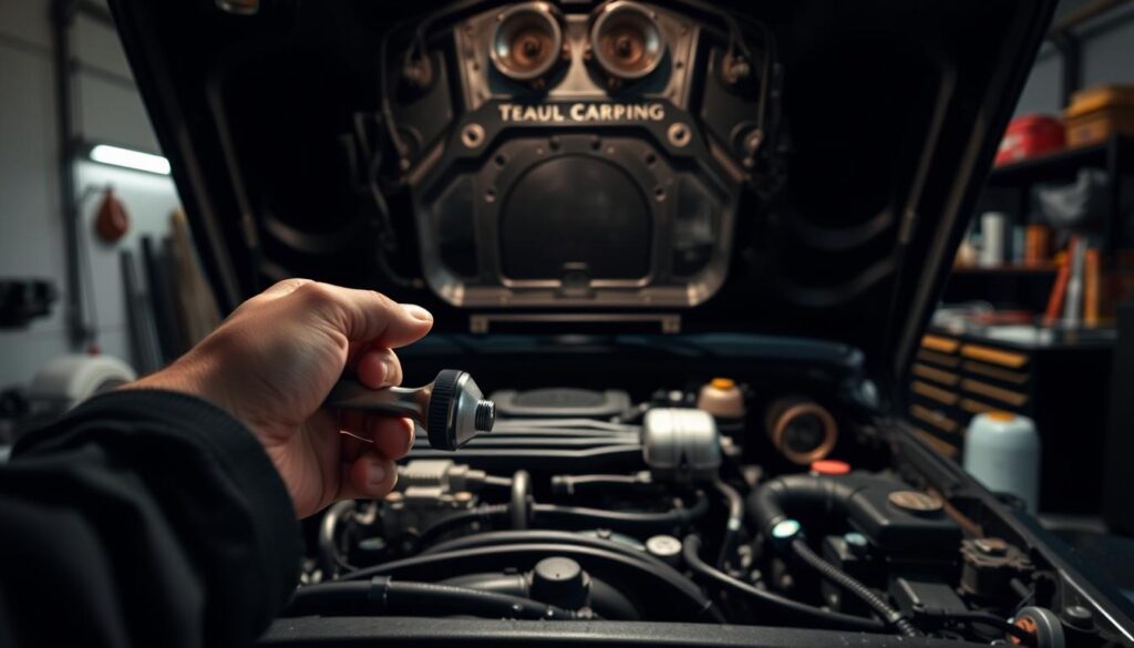 A well-lit garage interior, the focus on a Jeep 4.0 engine with the hood open, revealing the intricate components. In the foreground, a mechanic's hands holding a wrench, ready to perform an oil change. The middle ground showcases the engine block, oil filter, and other relevant parts. The background dimly lit, with tools and equipment neatly organized, conveying a professional, efficient atmosphere. The lighting casts subtle shadows, highlighting the mechanical details. The scene exudes a sense of expertise and attention to detail, perfectly capturing the essence of the "Performing an Oil Change on a Jeep 4.0 Engine" section.