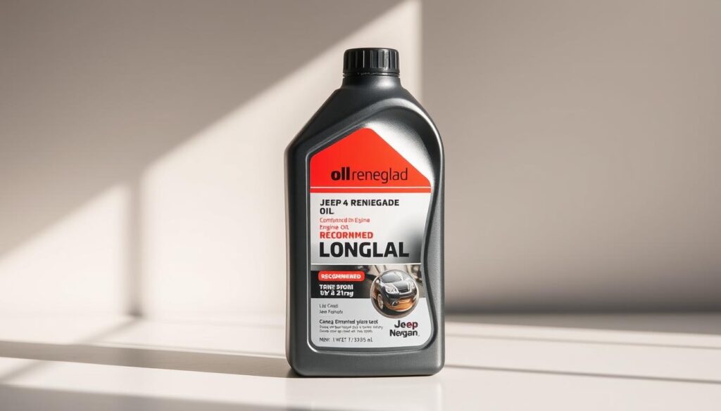 A well-lit, high-quality close-up photograph of a bottle of recommended engine oil for a Jeep Renegade SUV, placed on a clean, uncluttered surface. The bottle should have a prominent label clearly displaying the oil type, viscosity, and any other relevant information. The lighting should be natural and diffused, creating soft shadows and highlights that accentuate the shape and texture of the bottle. The background should be a simple, neutral color that allows the oil bottle to be the focal point of the image.