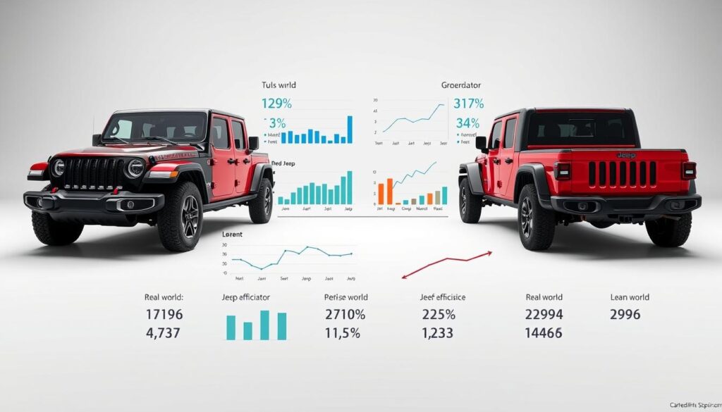 A well-lit, high-resolution comparison of fuel efficiency statistics for the Jeep Gladiator, presented as a sleek infographic. In the foreground, two Jeep Gladiators in contrasting colors stand side-by-side, their profiles prominently displayed. The middle ground features a clean, minimalist layout with neatly arranged data visualizations, including bar graphs, line charts, and numerical statistics highlighting the Gladiator's real-world gas mileage performance. The background is a soft, neutral gradient that allows the information to take center stage. The overall impression is one of authoritative expertise and sophisticated analysis, conveying the credibility of the "expert opinions" on the Jeep Gladiator's fuel efficiency.