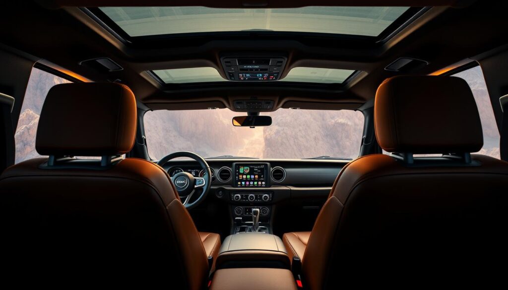 A well-lit, high-resolution interior of a Jeep Sahara, showcasing its premium features and comfortable cabin. The spacious front seats are upholstered in soft, supple leather, with ample legroom and adjustable lumbar support for long drives. The center console features a large, responsive touchscreen display, seamlessly integrated with the vehicle's advanced infotainment system. Ambient lighting casts a warm glow throughout the cabin, complemented by brushed metal accents and sturdy, durable materials. The rear seats offer generous headroom and legroom, perfect for accommodating passengers or cargo. Overall, the Jeep Sahara's interior exudes a sense of rugged sophistication, blending functionality and comfort for the ultimate off-road adventure.