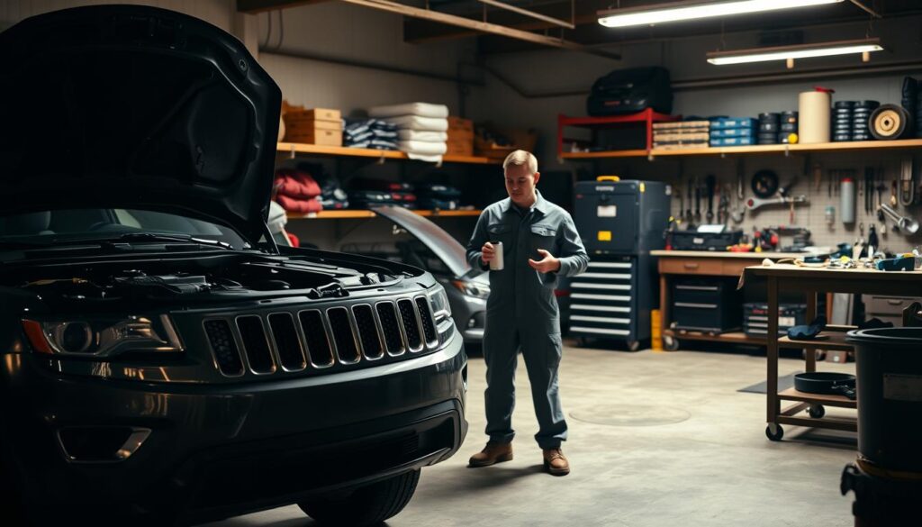 A well-lit workshop scene, a 2014 Jeep Grand Cherokee parked in the foreground, its hood open to reveal the engine compartment. In the middle ground, a mechanic in a gray jumpsuit stands beside the Jeep, holding a wrench and a fresh oil filter, preparing to change the oil. In the background, shelves stocked with auto parts and tools, a workbench with an array of neatly organized equipment. Soft, directional lighting casts subtle shadows, conveying a sense of focus and precision. The overall atmosphere is one of a skilled, methodical DIY oil change process for a 2014 Jeep Grand Cherokee.