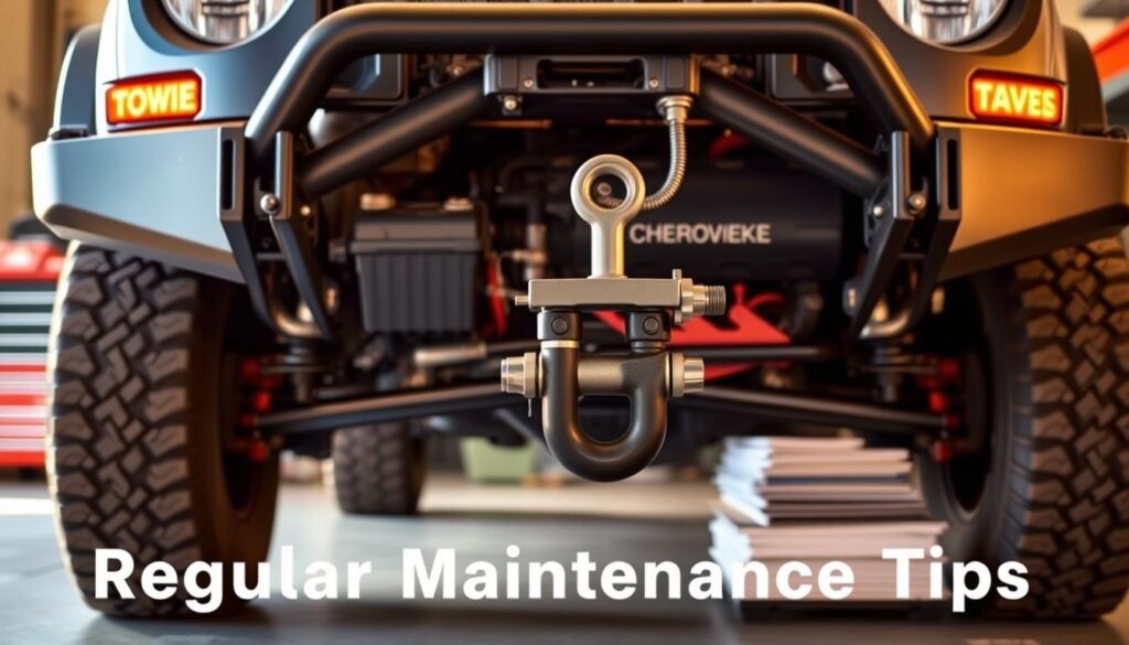 A well-maintained Jeep Cherokee stands ready for towing, its sturdy frame and suspension gleaming under warm, directional lighting. In the foreground, the vehicle's tow hook is prominently featured, hinting at its towing capabilities. The middle ground showcases the engine bay, with various components like the battery, alternator, and fluid reservoirs visible, signifying the importance of regular maintenance. In the background, a neatly organized toolbox and a stack of service manuals convey the attention to detail required for optimal towing performance. The overall scene exudes a sense of preparedness and professionalism, embodying the ethos of "Maximize Tow Performance: Regular Maintenance Tips".