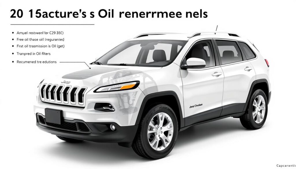 Detailed technical diagram of a 2016 Jeep Cherokee, showcasing the manufacturer's recommended oil specifications. The vehicle is presented in a clean, neutral studio setting with perfect lighting and sharp focus, highlighting key details such as the engine, transmission, and oil filter. The background is a simple white or light gray, keeping the attention on the Jeep's mechanical components. The overall mood is informative and technical, reflecting the subject matter of the "Manufacturer's Oil Recommendations" section.