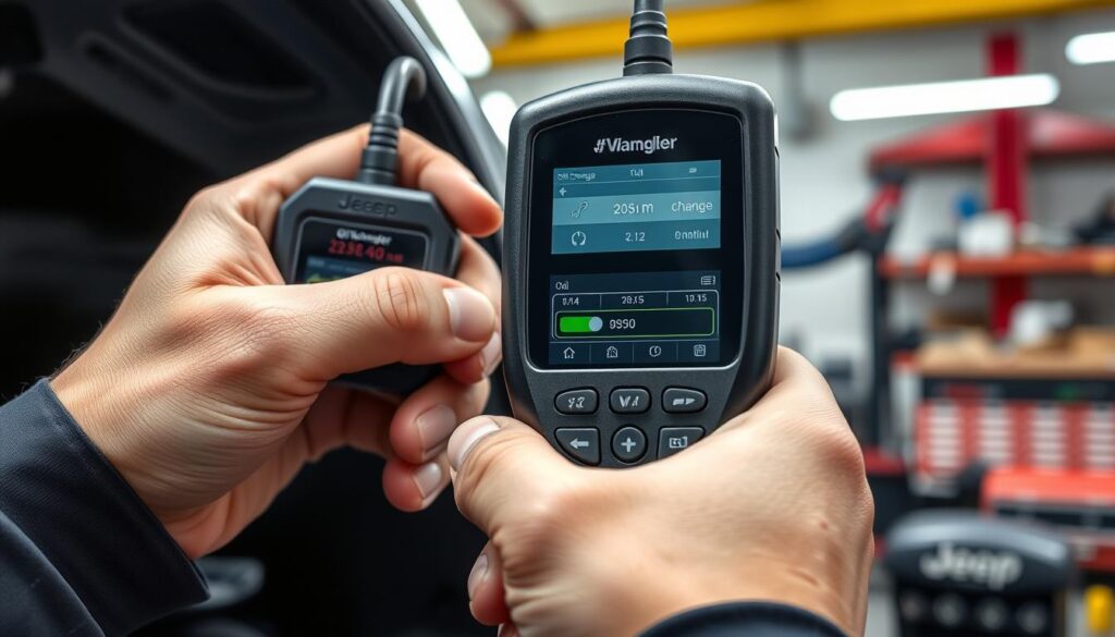 a close-up view of a mechanic's hands holding a diagnostic scan tool, the device's display showing the oil change light reset function, in a well-lit auto repair shop with tools and equipment visible in the background, conveying a sense of expertise and precision in resetting the oil change indicator on a Jeep Wrangler