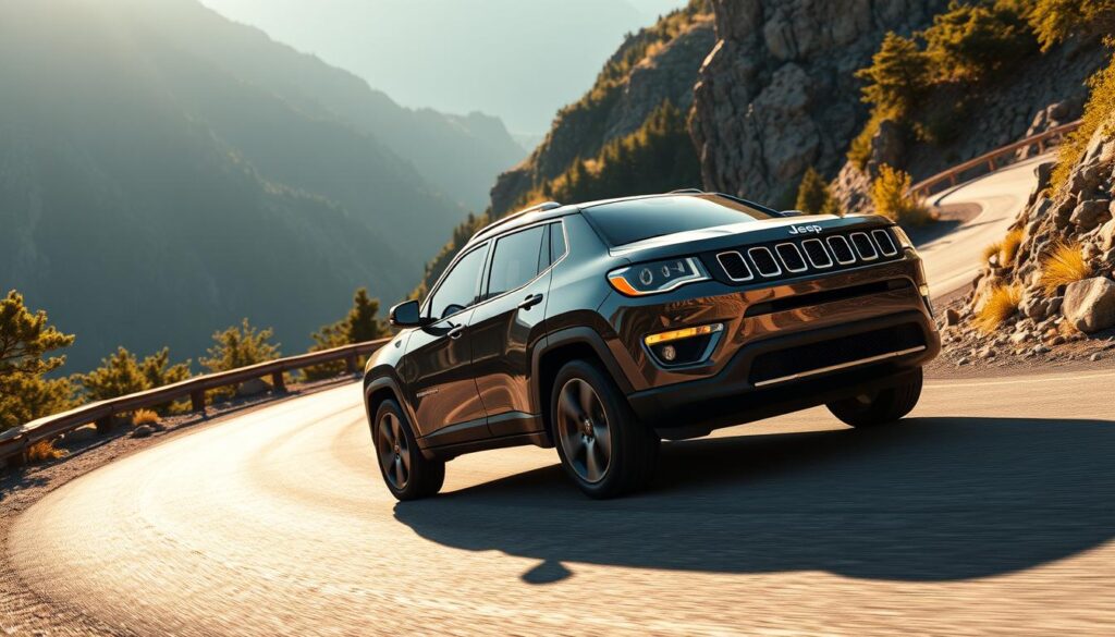 a highly detailed, photorealistic image of a Jeep Compass SUV on a winding mountain road, showcasing its impressive performance and handling capabilities. The Compass is captured in sharp focus, its sleek, muscular body gleaming in the warm, golden sunlight. The vehicle is navigating a tight, serpentine curve, its tires gripping the asphalt as it carves through the bend with precision and agility. The background features a dramatic, rugged mountainous landscape, with towering peaks and lush, verdant foliage framing the scene. The image conveys a sense of power, dynamism, and the Compass's ability to tackle challenging terrain with ease.